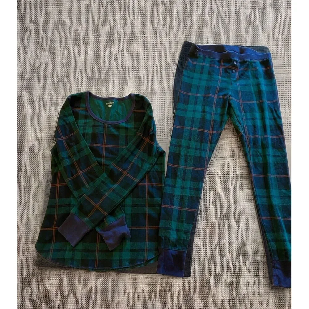 Old Navy Youth 2 Pc Pajama Set Plaid Sz L Top, M Bottom‎ Thermal Pull Ons, EUC